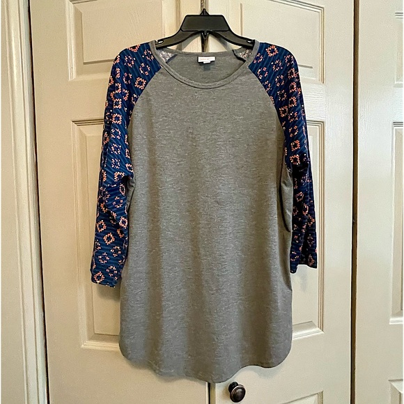 LuLaRoe Tops - LuLaRoe Randy Tee Grey Body with Blue and Pink Printed Sleeve